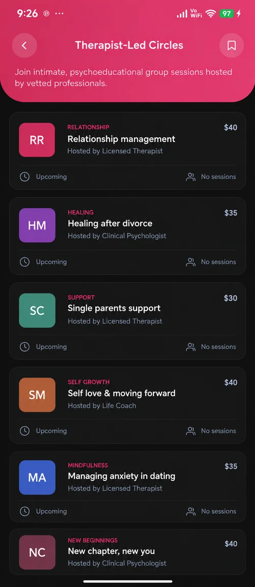 LuvAgain therapist-led circles list